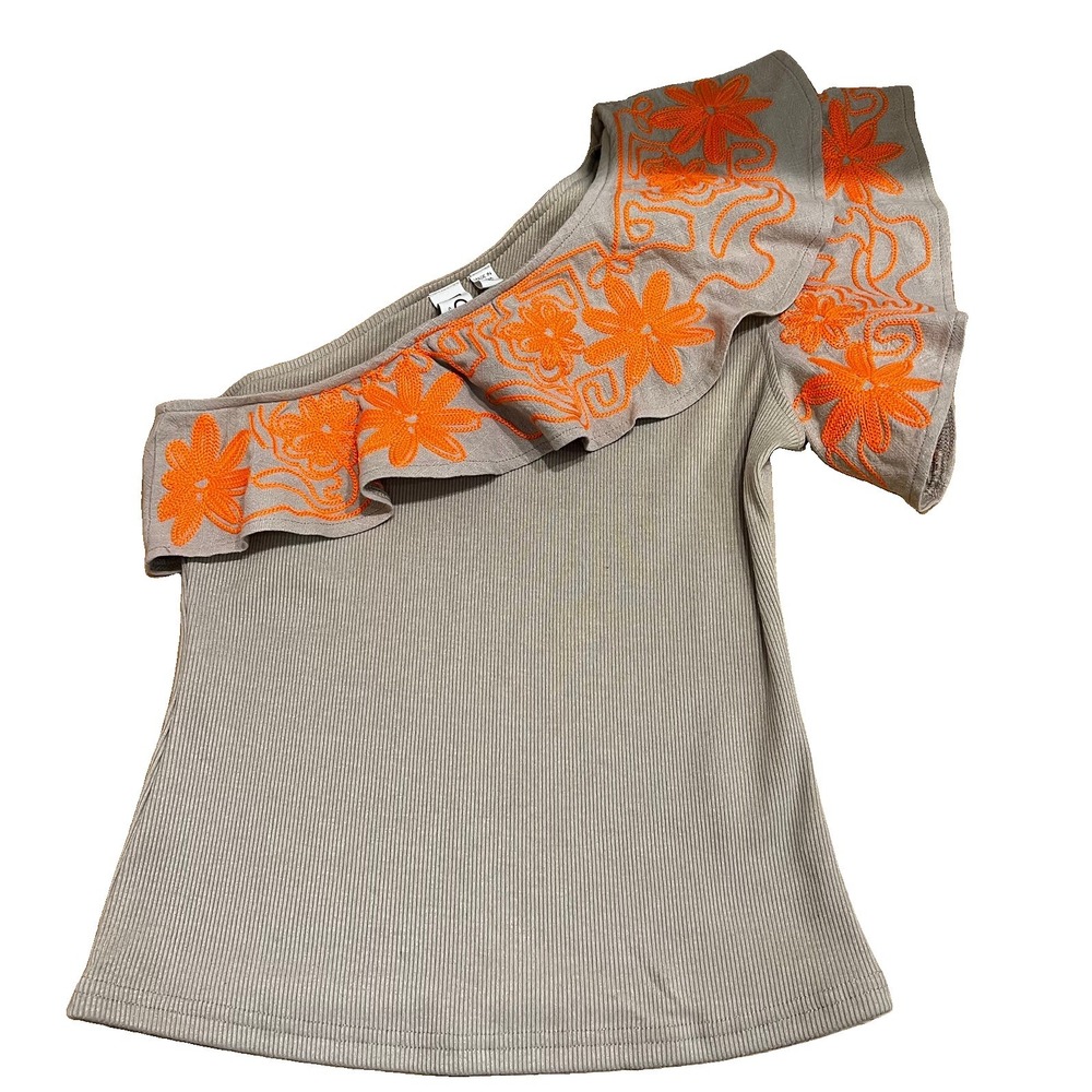 Anthropologie Dolan One Shoulder Embroidered Blouse Tank Stretch Size XS Boho